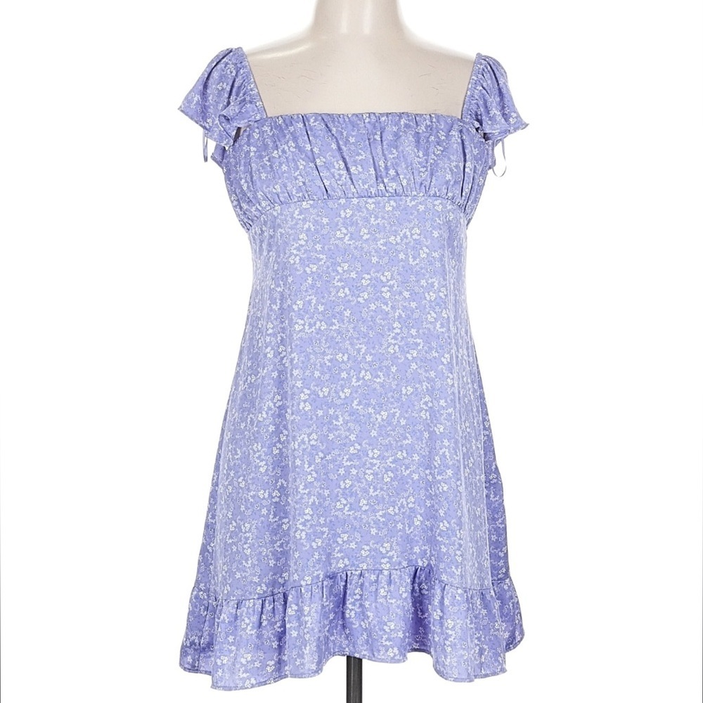 Zara Purple Floral Babydoll Mini Dress Satin Ruffle Sleeve Square Neck Large - Picture 2 of 5
